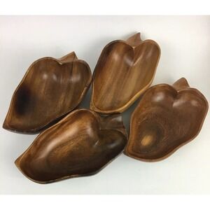 Wooden Leaf Shaped Teak Wood Bowls Small Serving Dishes 7.75"L x 4.5"W x 1" Vtg